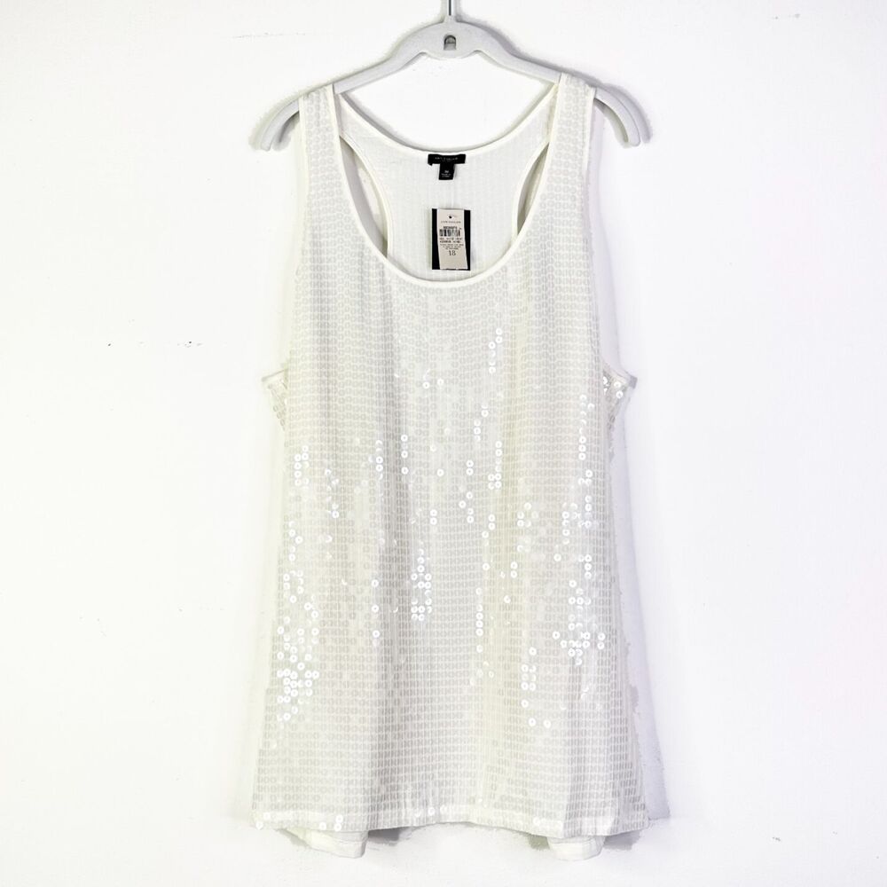 Ann Taylor Top Women 18 White Sequins Shimmer Tunic Shirt Tank Glam Fairy NWT